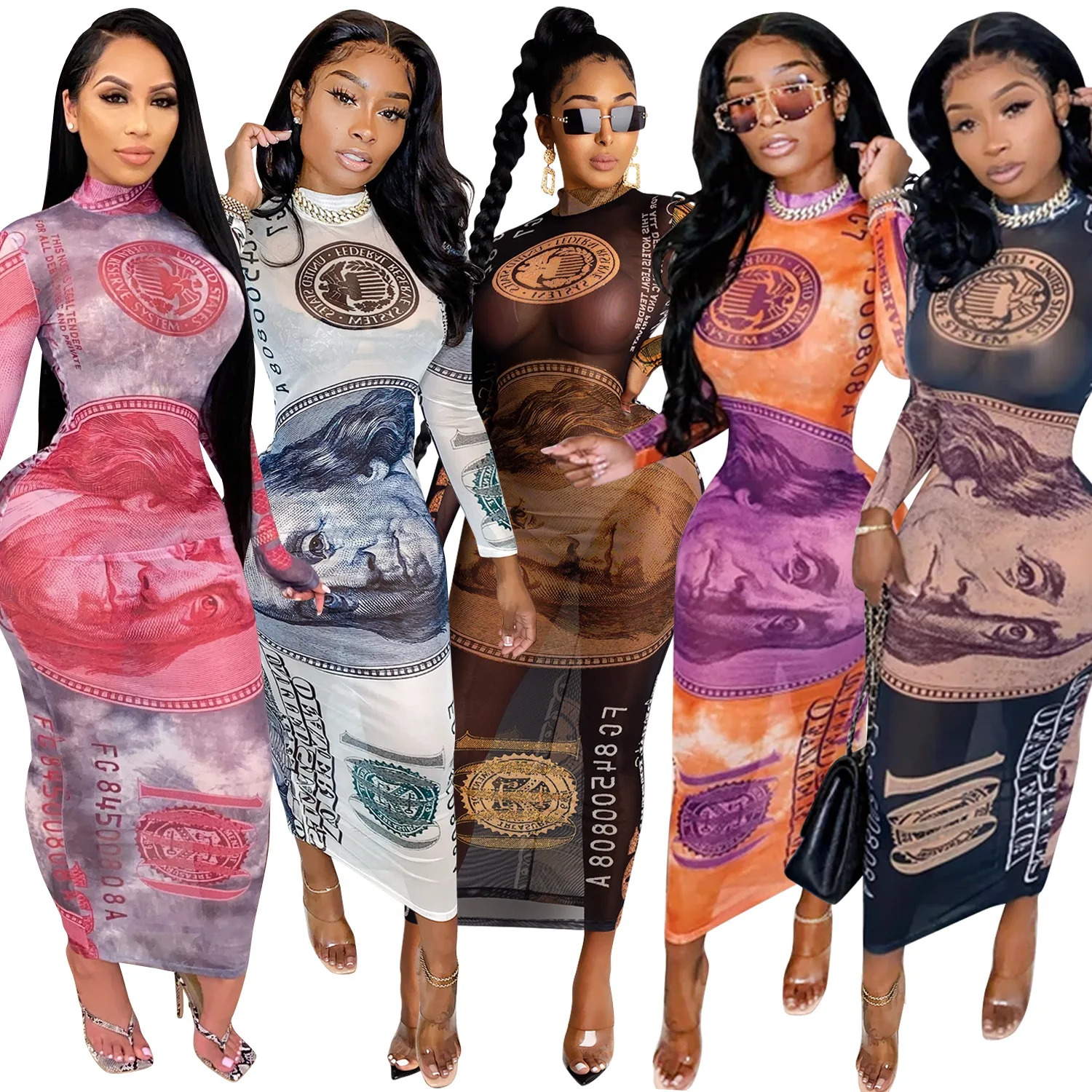 

Autumn and winter new fashion women's net yarn perspective print dollar dress