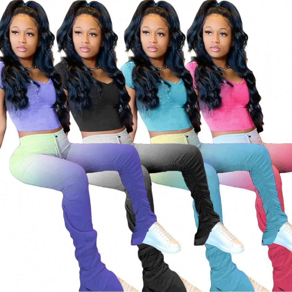 

2020 New Style Plus Size Sport Jogging Wear T Shirt Long Ruched Stacked Pants Gradient Color 2 Piece Set, Photo shows