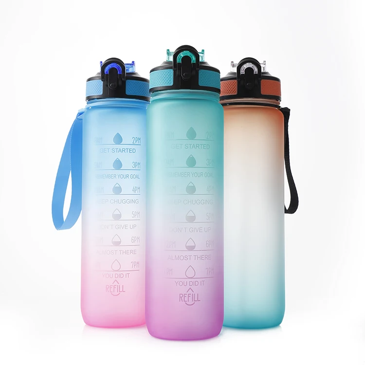 

In Stock Gradient Color 32oz Motivational Sports Plastic Water Bottle With Straw, Patone color