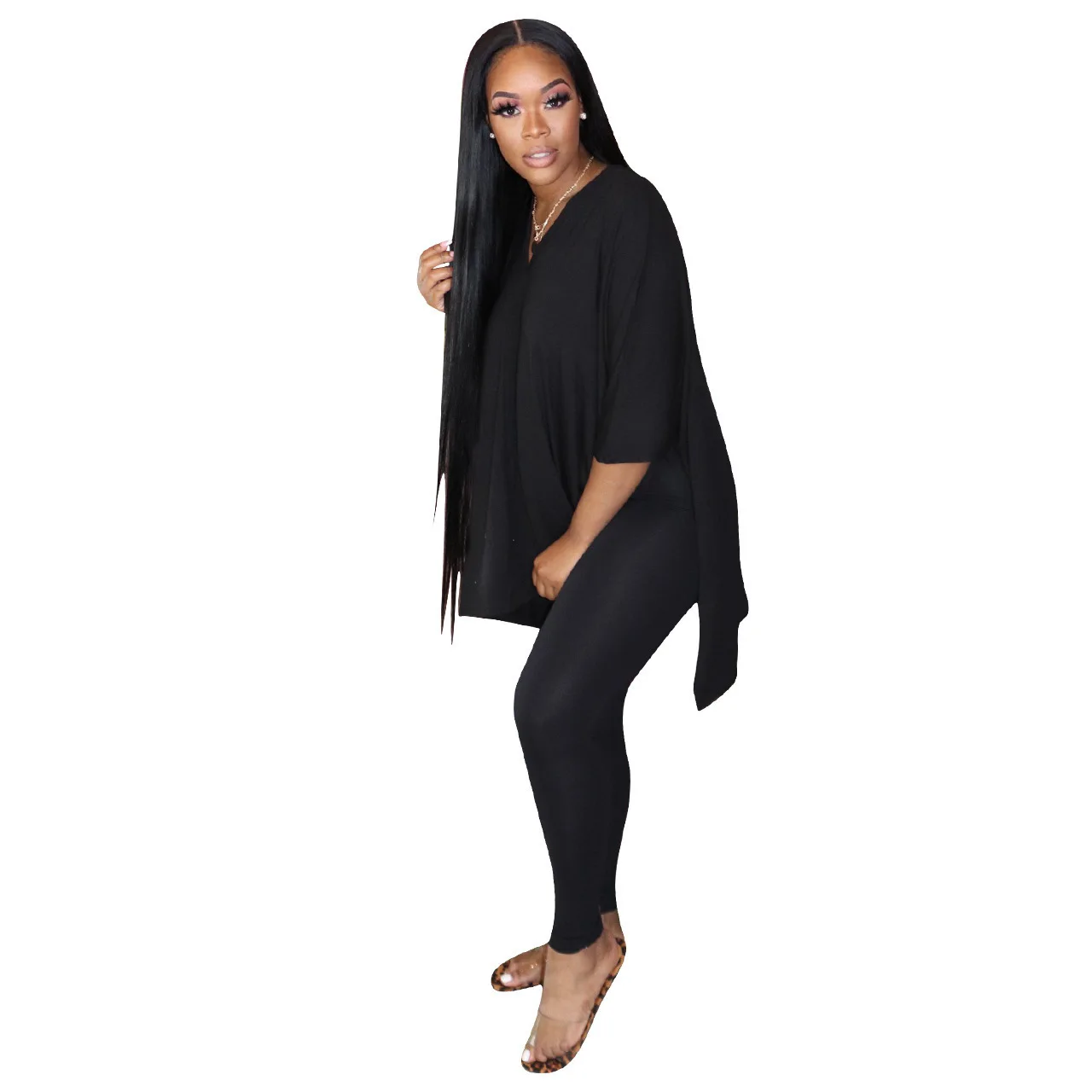 

custom logo yoga pants two piece set woman casual solid color plus size loose top and skinny 2 piece sets