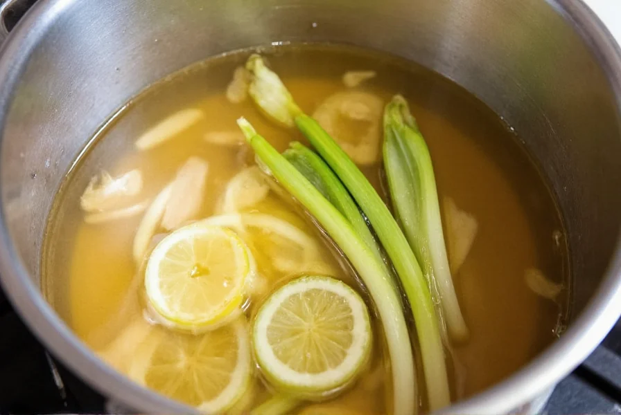 Homemade ginger chicken broth simmering in a pot with fresh ginger slices and scallions
