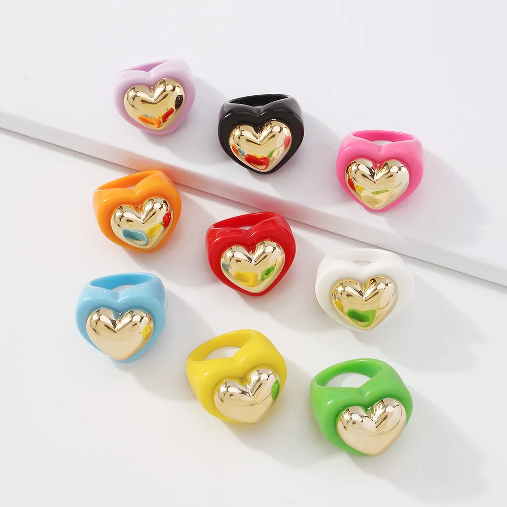 

Hottest Hip Hop Candy Color Resin Love Heart Rings Cute Simple Finger Chunky Rings for Women New Trendy Jewelry, White,red,yellow,purple,green,blue,black,orange,rose red