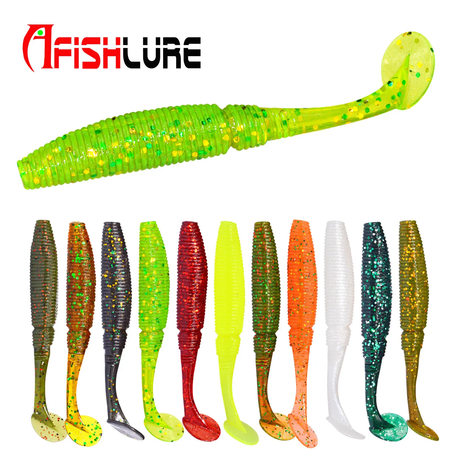 

T Tail Soft Worm Paddle Tail Swim Baits 75mm 3.2g 6pcs Worm Type Soft Plastic Pesca Fishing Jig Lures Free Sample, 11 colors for choice