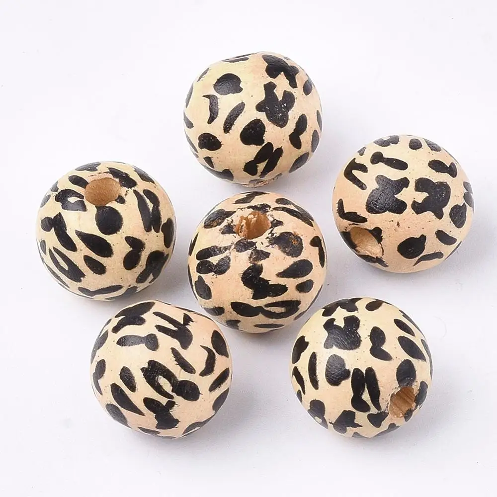 

PandaHall Dyed Round with Leopard Print Pattern Wood Beads