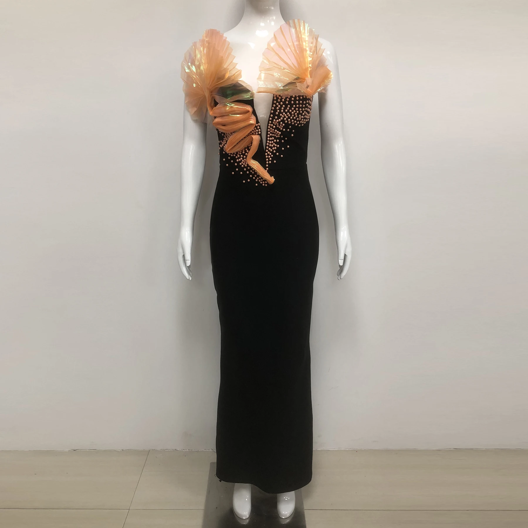 Pleated Ruffle V Neck Maxi Dress Pearl Beading