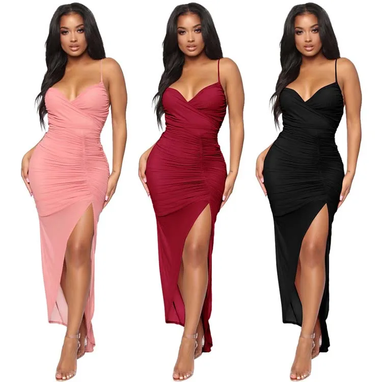 

2021 Fashion Custom New Elegant Spaghetti Strap Women Ruched Party Dress Front Slit Hot Sexy Maxi Evening Dress