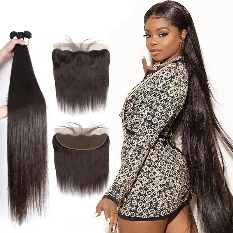 

30 40 Inch Super Double Drawn Human Hair Raw Cambodian Hair Bundles Cuticle Aligned Virgin Brazilian Silky Straight Hair Vendors, Natural black/ #1b color
