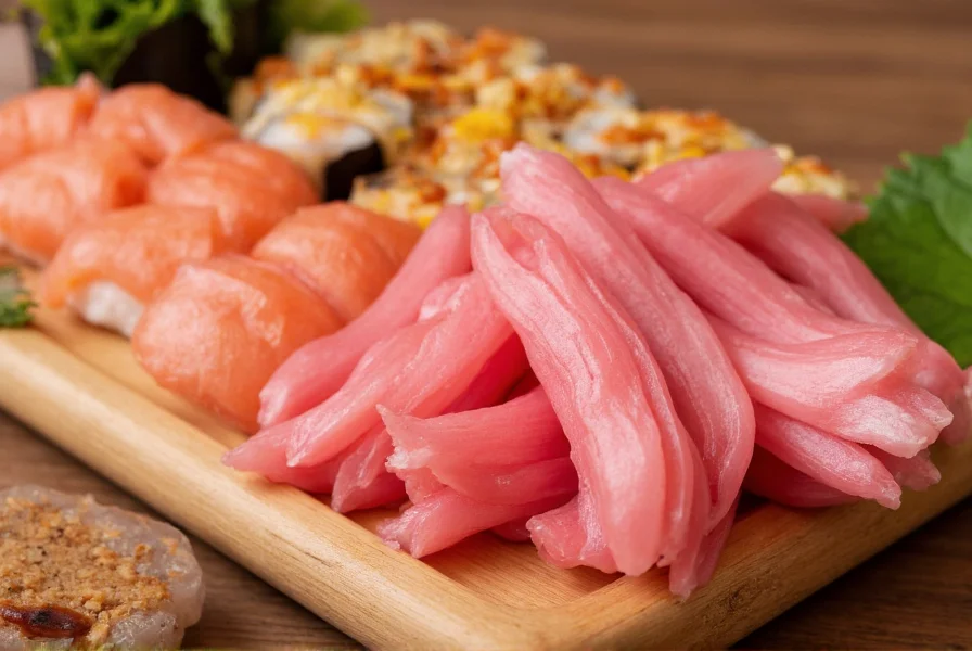 Close-up of traditional pink pickled ginger (gari) served alongside sushi platter on wooden tray