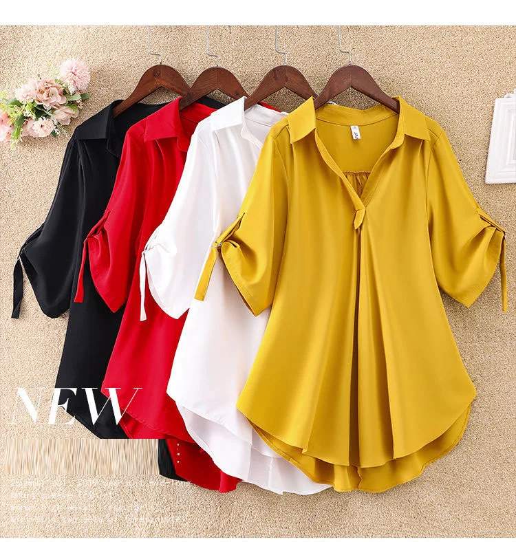 2023 Summer Plus Size Mid-Length-Sleeved Blusas Femininas Chiffon Loose Waist Slimming New Lady Chiffon Blouse Women