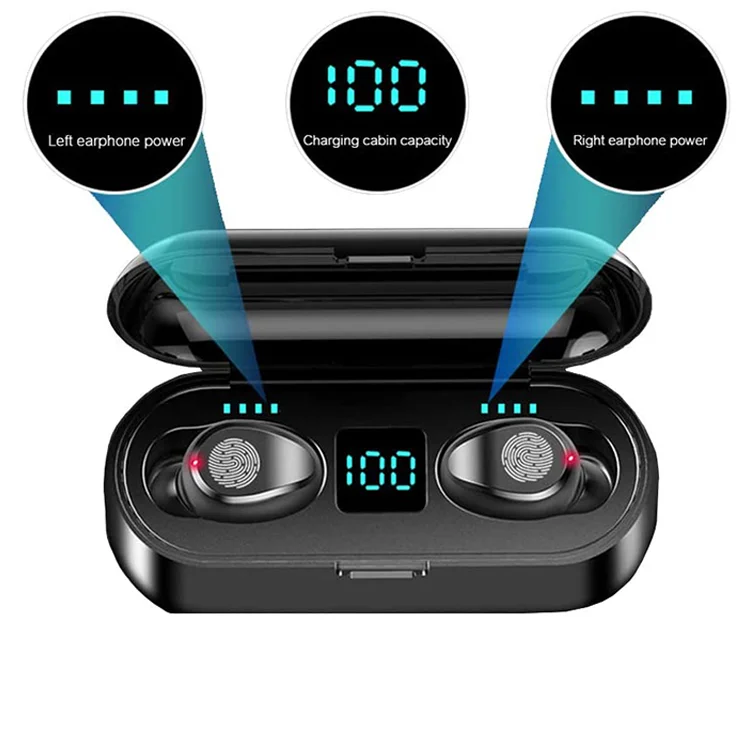 

2022 9D Fingerprint Black White Earphone LED Display BT 5.0 True Waterproof TWS F9 Wireless Earbuds