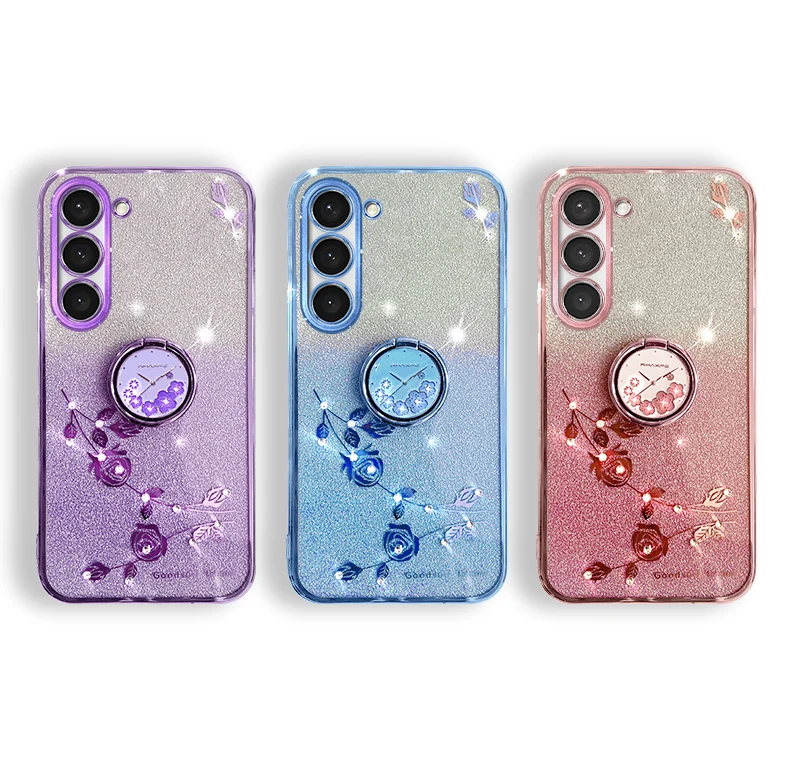 

Luxury Gradient Glitter Ring Holder Phone Case for Samsung Galaxy S23 Ultra S22 Plus S21 FE A53 A13 A33 A54 Soft Plating Cover