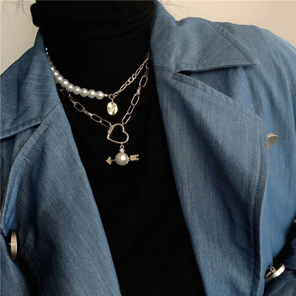 

Punk Style Cuban Chain Necklace Heart Pendant 2 Layer Pearl Choker Beaded Necklace With Vintage Coin Pendant