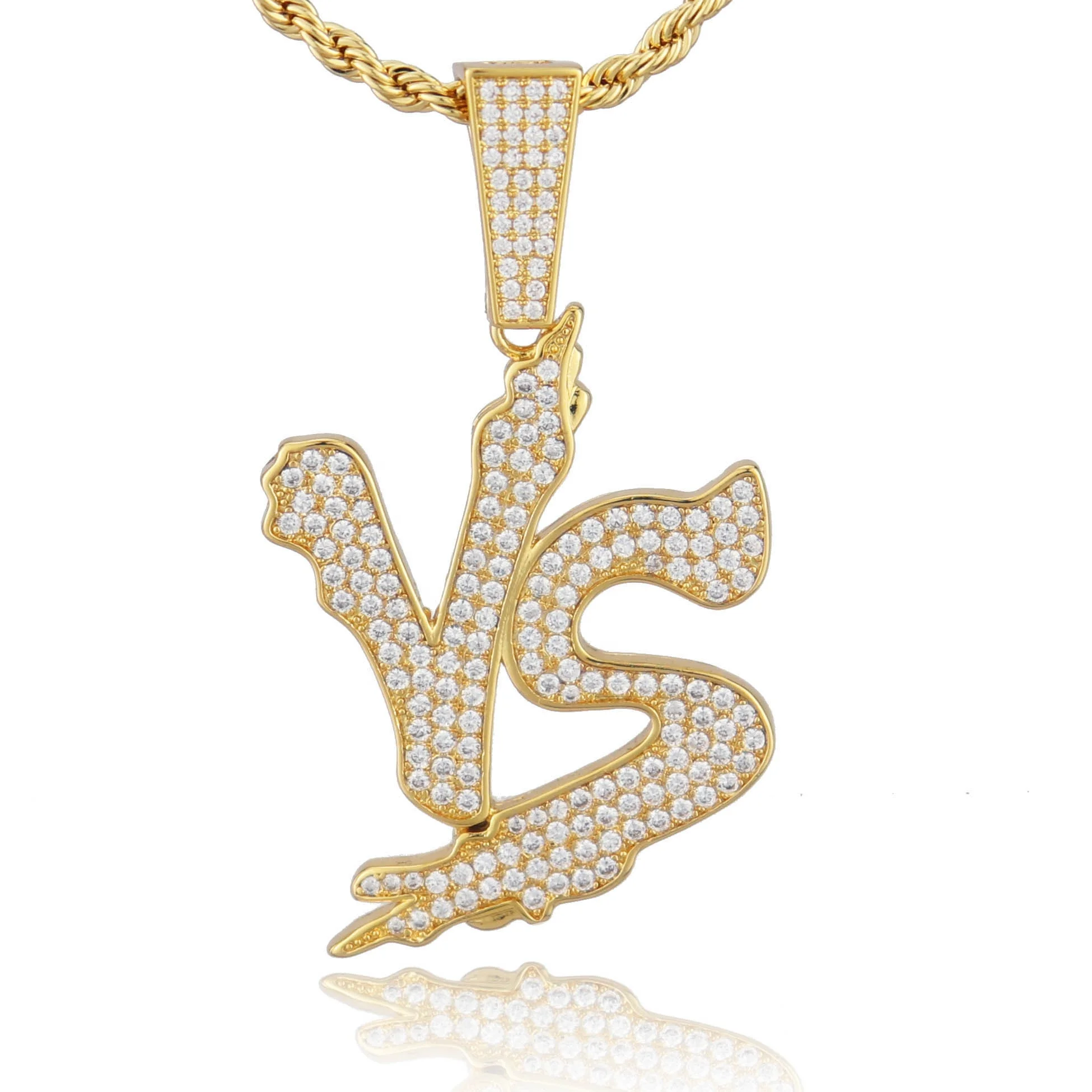 

Hip hop VS-shape fashion jewelry big Pendant Necklace Rapper jewelry party gift Cubic Zirconia plated 18k gold jewelry set