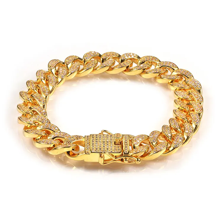 

XuQian Wholesale Hip Hop Jewelry 12mm 18K Gold Zircon Cuban bracelet Chain charm Bracelet