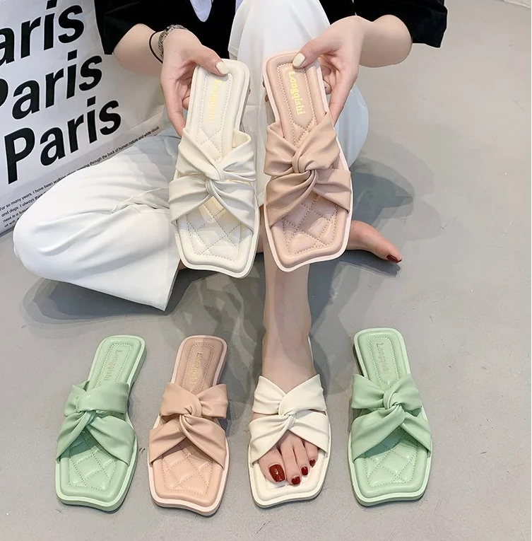 

Summer new fashion solid color cross flat sandals women 2021 Mo Yan 01LQS-21439428, Green beige pink