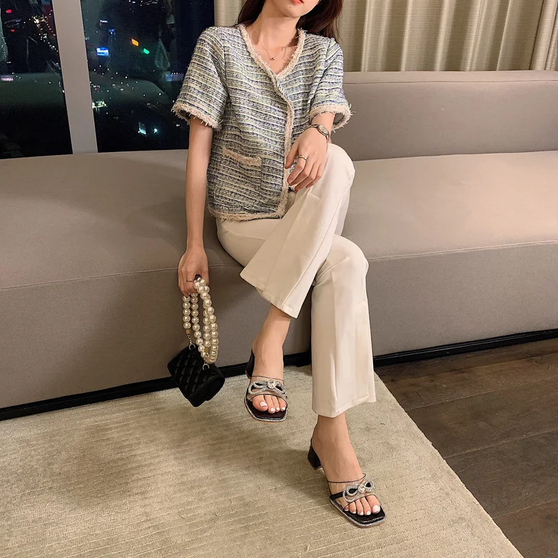 

Brand shoes luxury rhinestone ribbon decor clear perspex women slipper square toe chunk high heel lady slider female mule