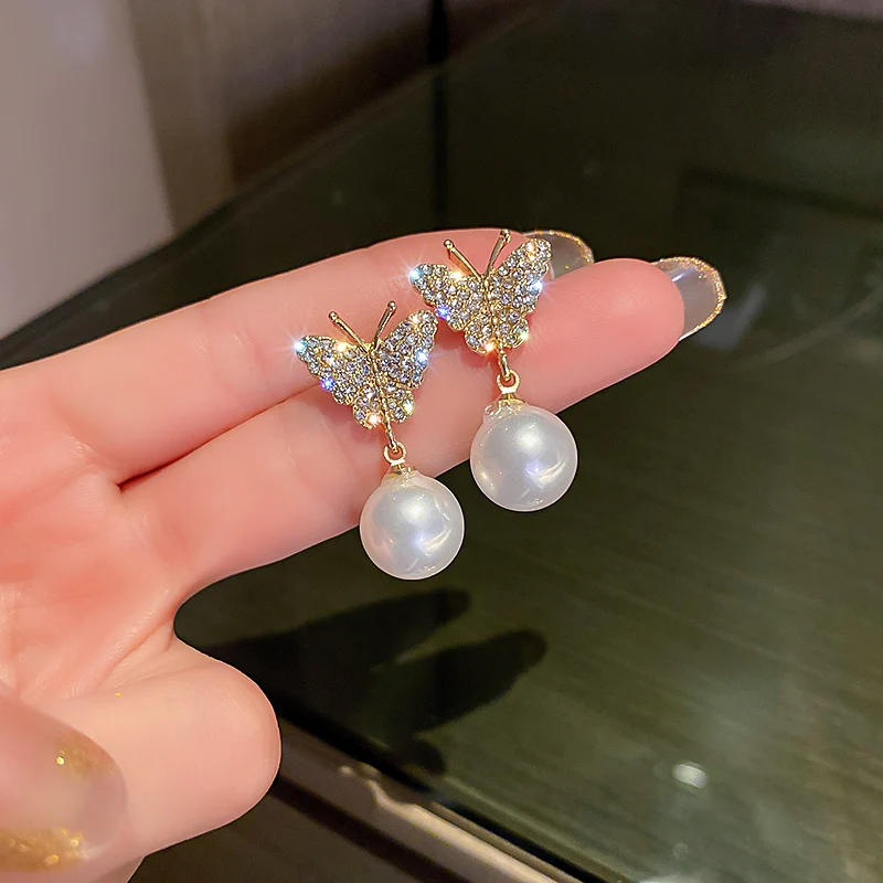 

trendy fashion pearl drop butterfly earring crystal