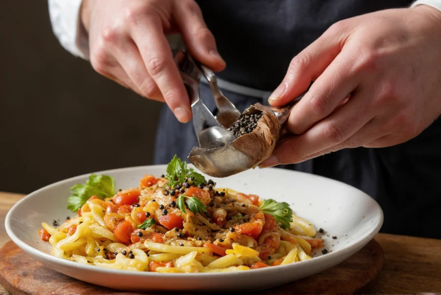 Polish chef grinding fresh black peppercorns into traditional Polish dish with regional ingredients