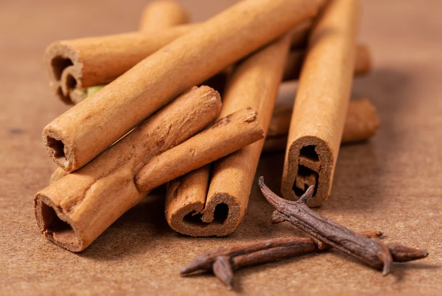 Close-up of cinnamon sticks paired with nutmeg, cardamom pods, and cloves on wooden background