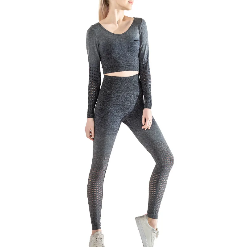 

RTS Fade color seamless yoga set mesh women sports wear long sleeves close-fitting, Customized colors