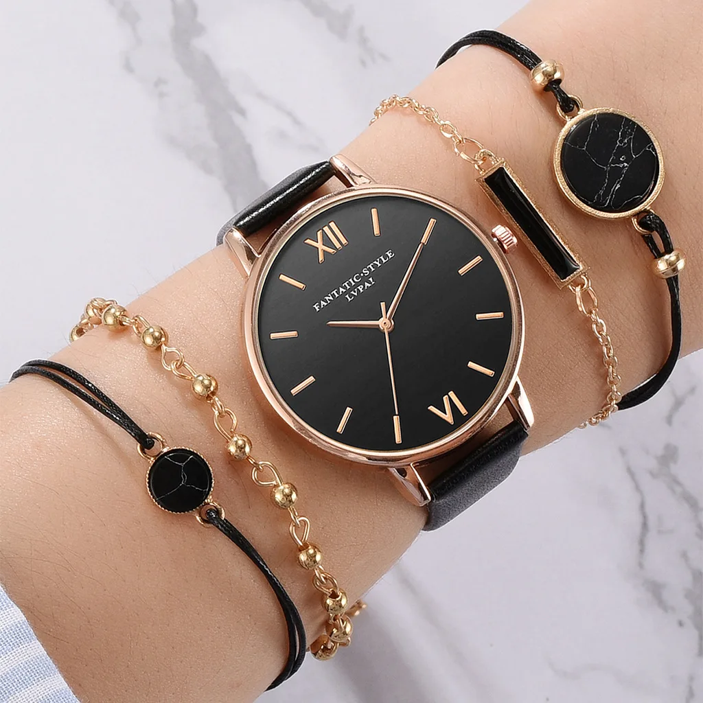 

new casual women watch set Quartz watch set for women trend pu leather strap ladies watch with bracelet set