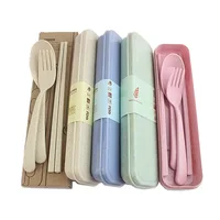 

Camping travel reusable flatware fork chopsticks spoon tableware portable wheat straw cutlery set with case