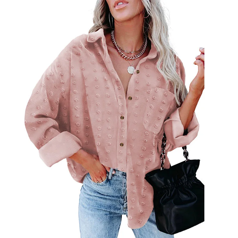 

New solid color chiffon jacquard lapel long-sleeve shirt breasted loose cardigan top Lady chiffon shirt, Picture color