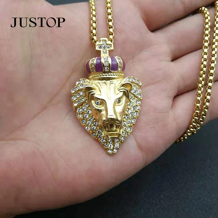 

New Item Hip Hop 14K Gold Plated Cuban Link Chain Full Diamond Zircon CZ Lion Head Necklace