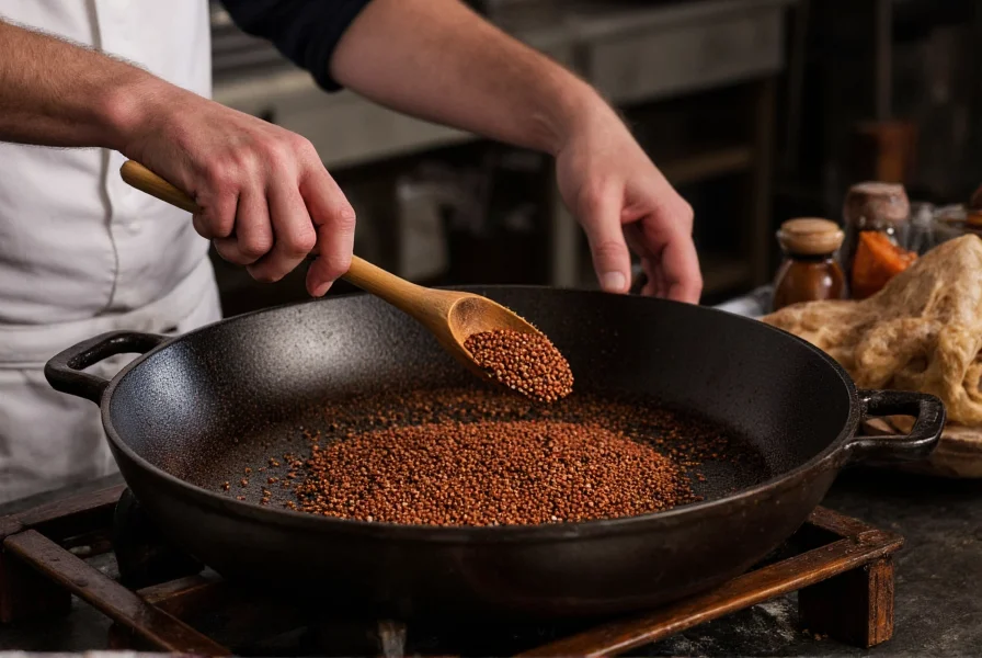 Chef toasting Sichuan peppercorns in cast iron skillet with wooden spoon