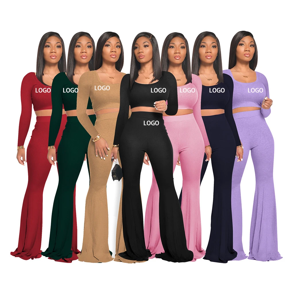 

Custom Logo 2021 Wide Leg Kadin Setleri New Elegant Lady 2 Piece Fashion Solid O Neck Sexy Bodycon Women Two Piece Pant Set