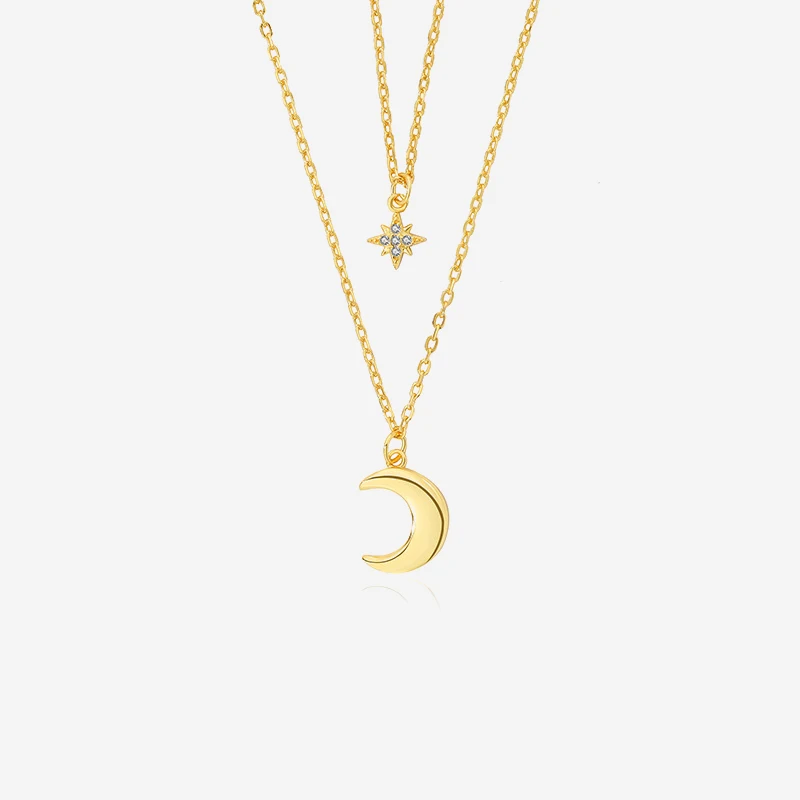 

VIANRLA Sterling Silver 925 Double Chain Zirconia Jewelry Moon with Star Pendant 18k Gold Plated Necklace Handmade Drop Shipping