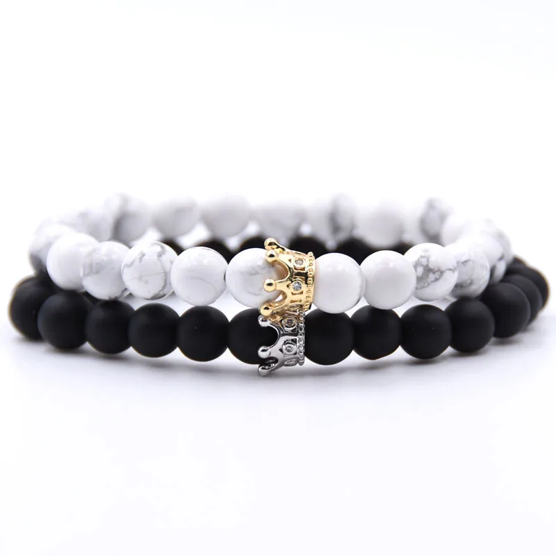 

King&Queen Crown Distance Couple Gemstone Bracelets for His and Her Friendship 8mm Matte Onyx Round Beads Bangle boys girls