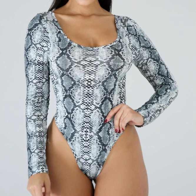 

2019 Autumn Women's Snake Print V Neck Long Sleeve Skin One Piece Slim base Jumpsuit