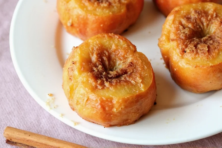 Perfectly caramelized baked cinnamon apples in ceramic dish with cinnamon sticks and fresh apple slices