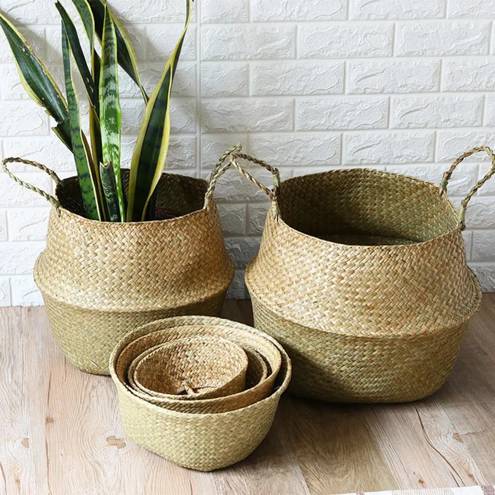 

Natural material seagrass material storage basket with handles home decor collapsible plant basket set, Natural color