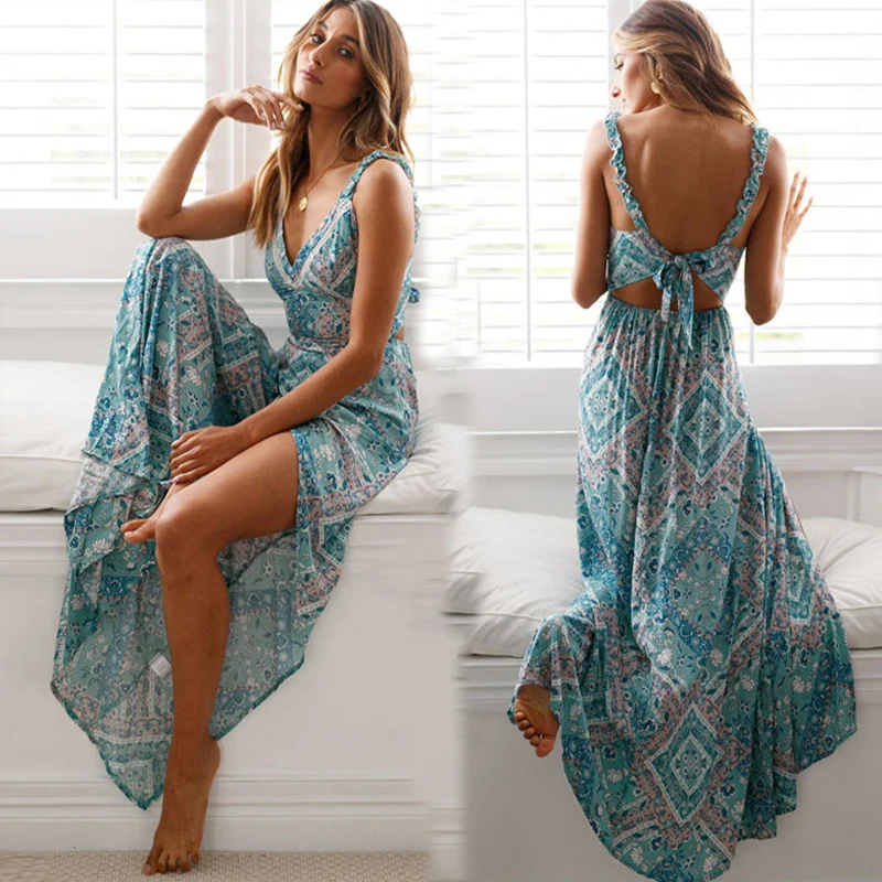 

Wholesale Cheap Factory Summer Boho Sexy Floral Spaghetti Strap Dress Women Casual Beach Maxi Chiffon Sleeveless Strap Dresses