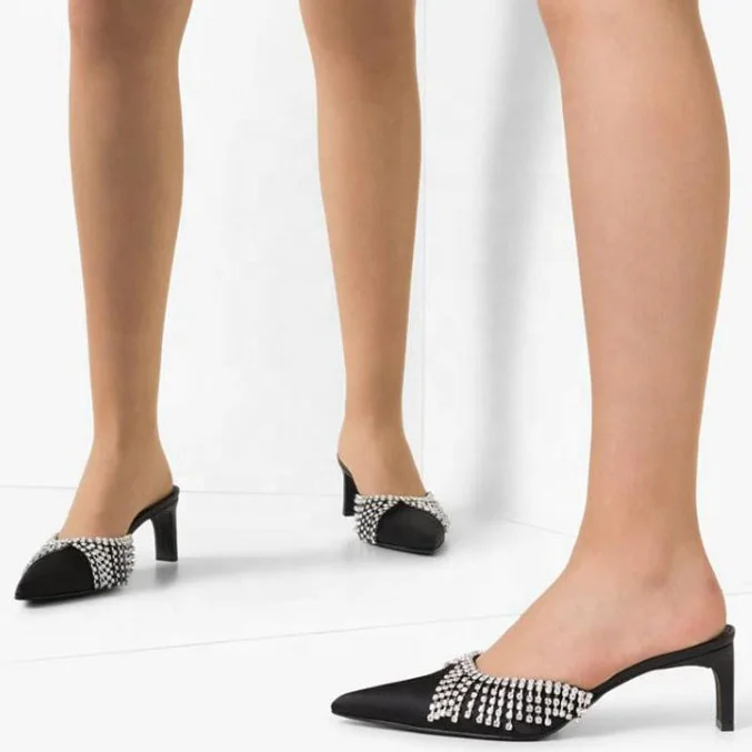 

Crystal Diamond Tassel Decor Pointed Toe Chunky Heel Women Sandals Slip-on Summer Slides Shoes For Ladies Pumps Big Size 45, Black,white