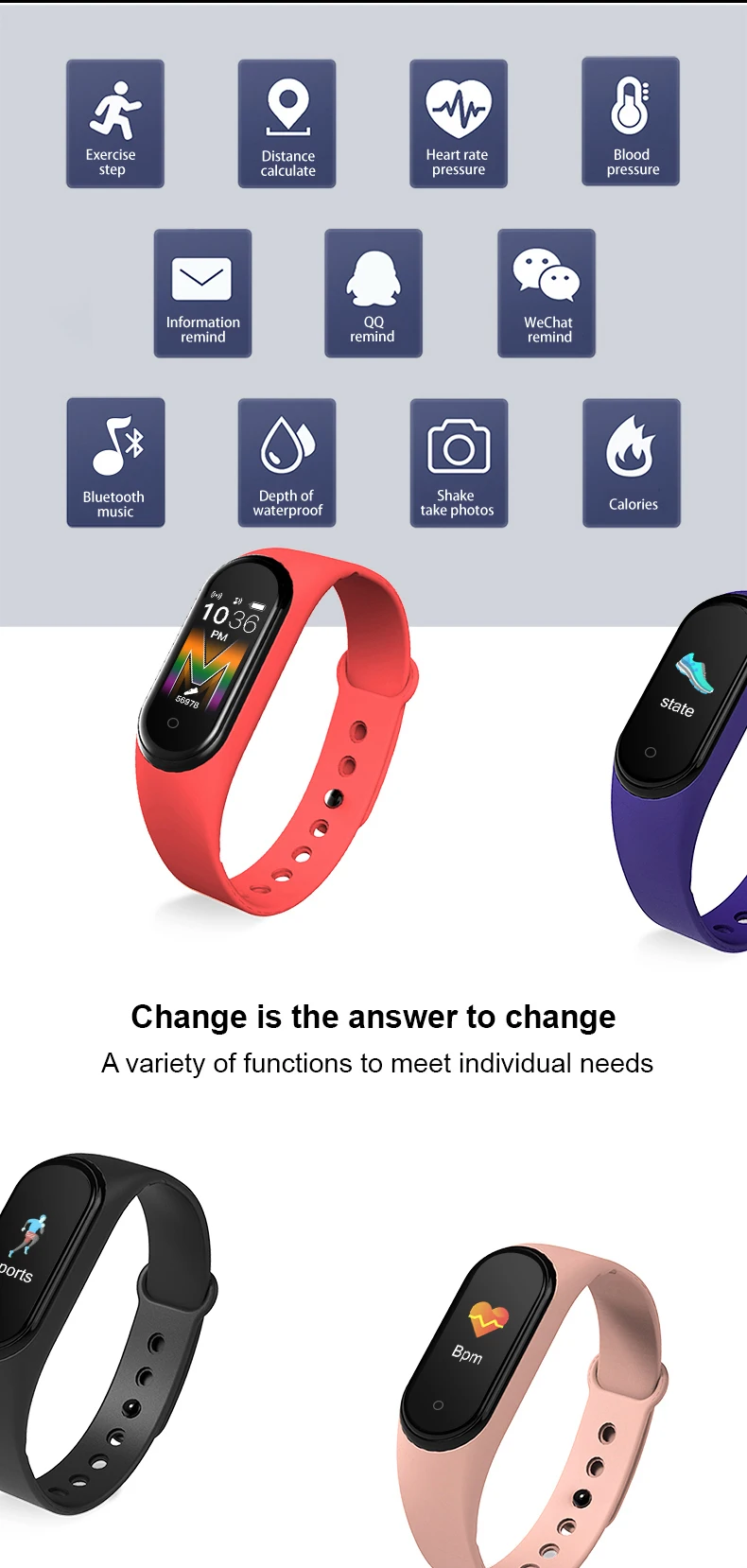 
2020 New fitness tracker mi smart bracelet waterproof m5 smart band 5 for ios android 