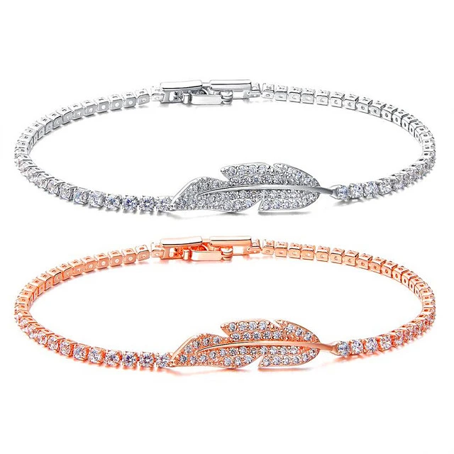 womens Cz diamond tennis chain bracelet with leaf charms