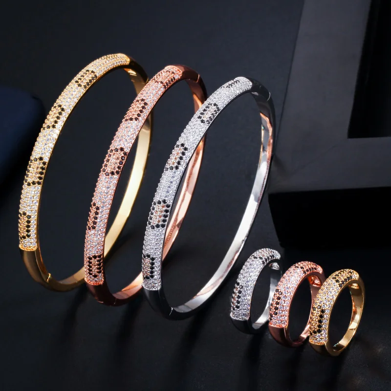 Trendy Cubic Zircon Paved Rose Gold and Silver Color Snake Leopard Open Cuff Bangle Bracelet and Ring Set Jewelry for Women Gift