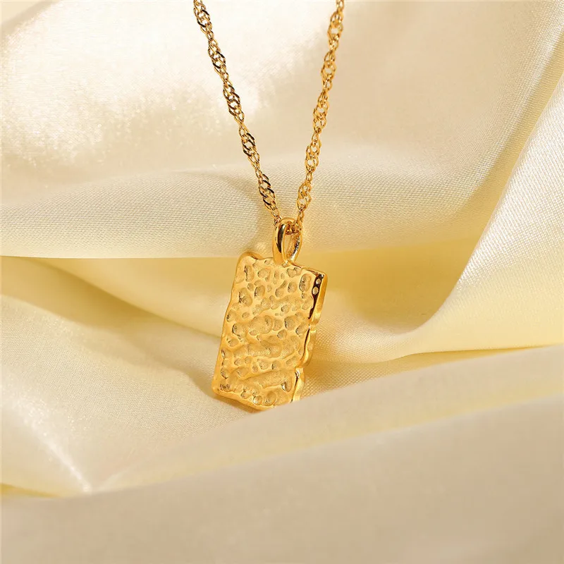 

Hongtong Fashion 18K Gold Plated Stainless Steel Necklace Concave-Convex Texture Square Necklace For Women, Picture