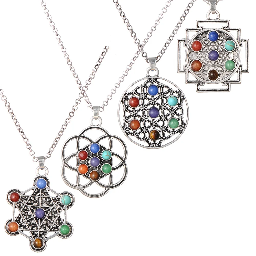 

Tibetan silver pendant tree of life necklace yoga colorful stone necklace popular jewelry, Photo color