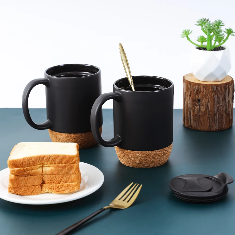 

wholesale 12oz coffee cork mug removable base ceramic matte black mug with cork coaster, Customized colors acceptable