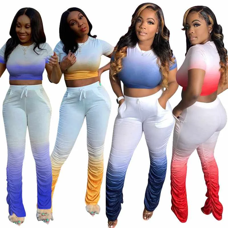 

New Style Tie Dyeing Set Plus Size Women Clothing Printed Long Stacked Pants