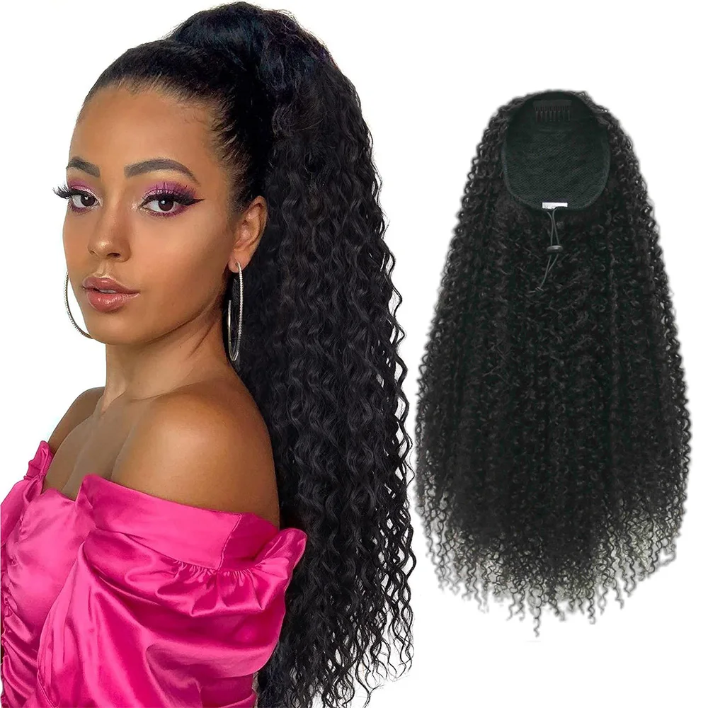 

Novelties 23 Inch Pony Tail Kinky Curly Hairpiece For Black Women Drawstring Ponytail Extensions Synthetic Curl Hair Attachments, Customize all colors