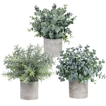 

Hot sale Set of 3 Mini Potted pinrui craft Artificial Eucalyptus Plants Plastic Faux Green Rosemary Plant, Customized