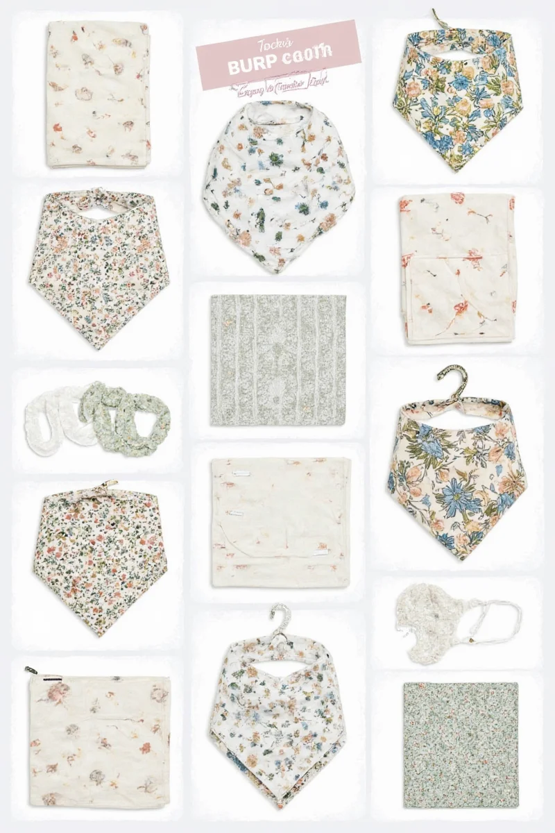 Monogrammed burp cloths displayed on a shelf