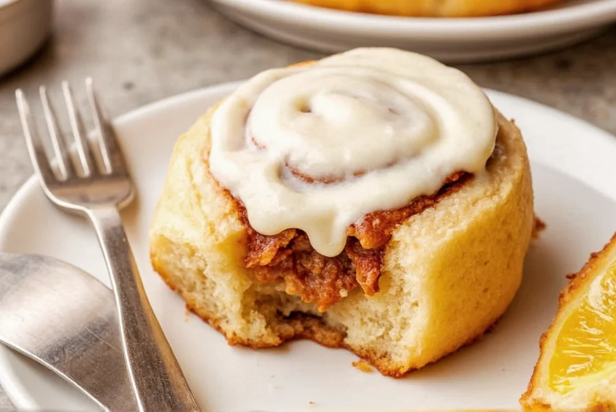 Frisch gebackene Zimtschnecken auf Backblech mit cremigem Frosting