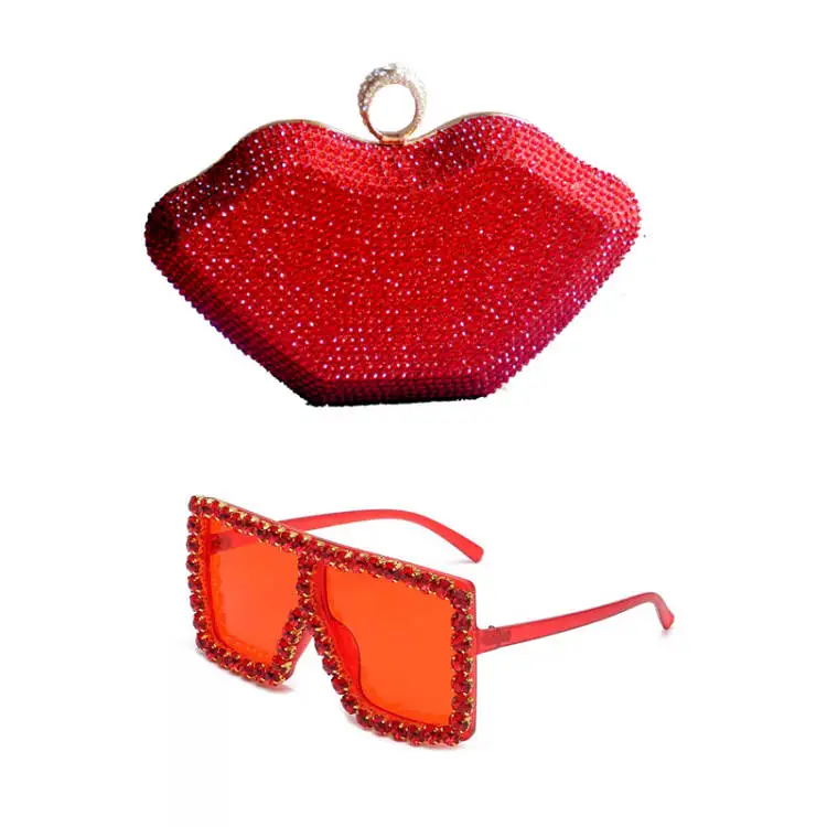 

Fashion Woman Hand Bags Wedding Diamond Clutch Woman Evening Bags Bling Lip Shape Rhinestones Purses And Sunglasses Set, Red/pink/white