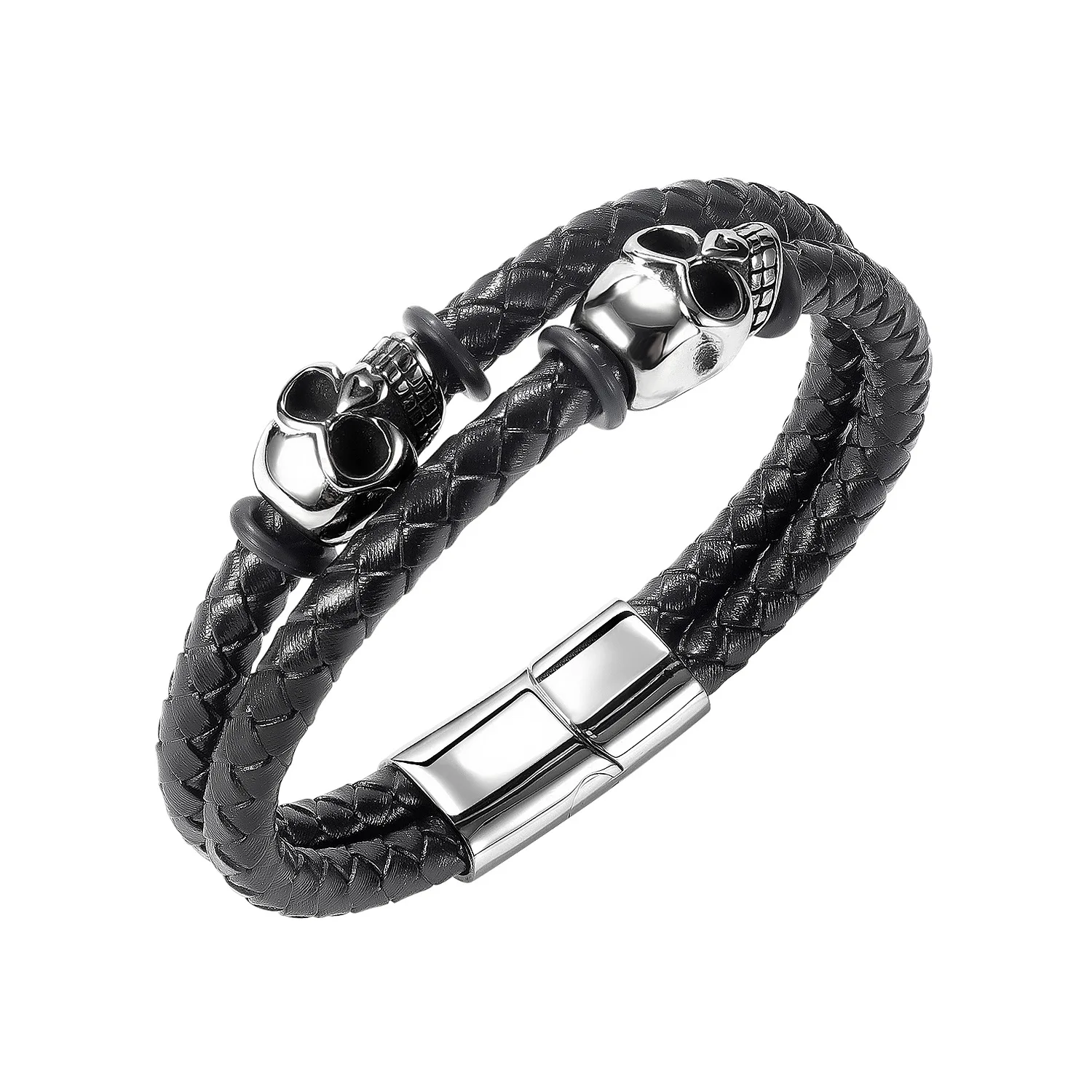 

2021 Men's Fashion Punk Jewelry Leather Braided Double Bracelet Stainless Steel Skull Snap Bracelet